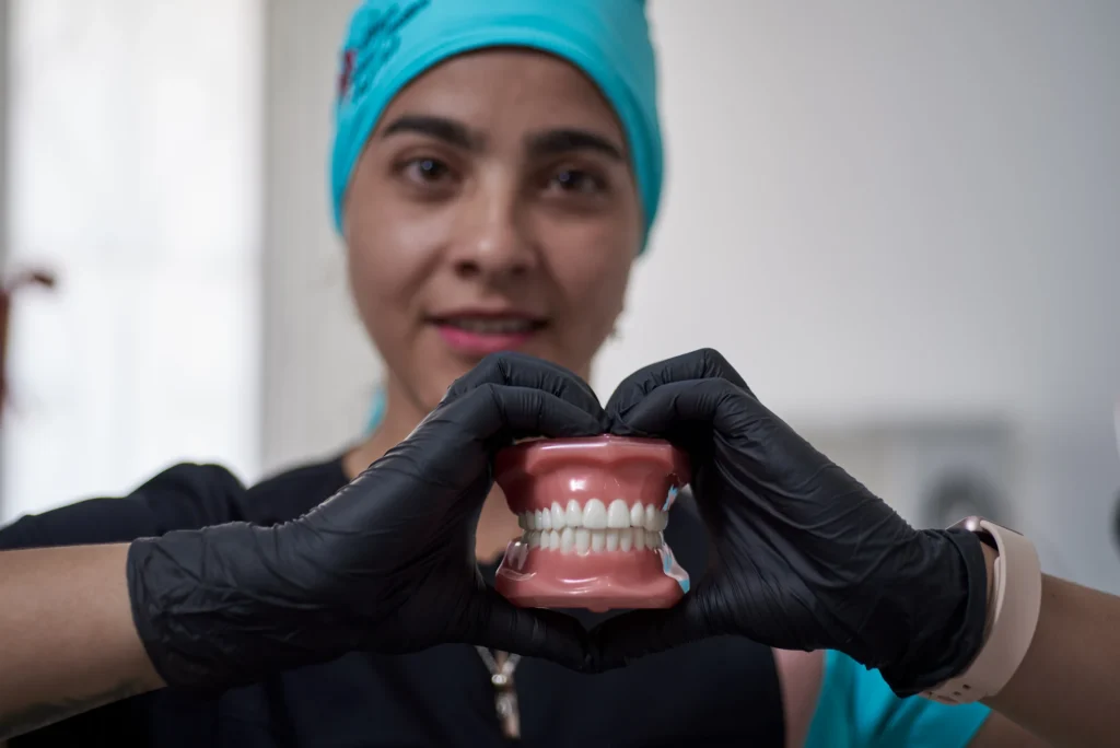 Profesional de salud presentando un modelo dental